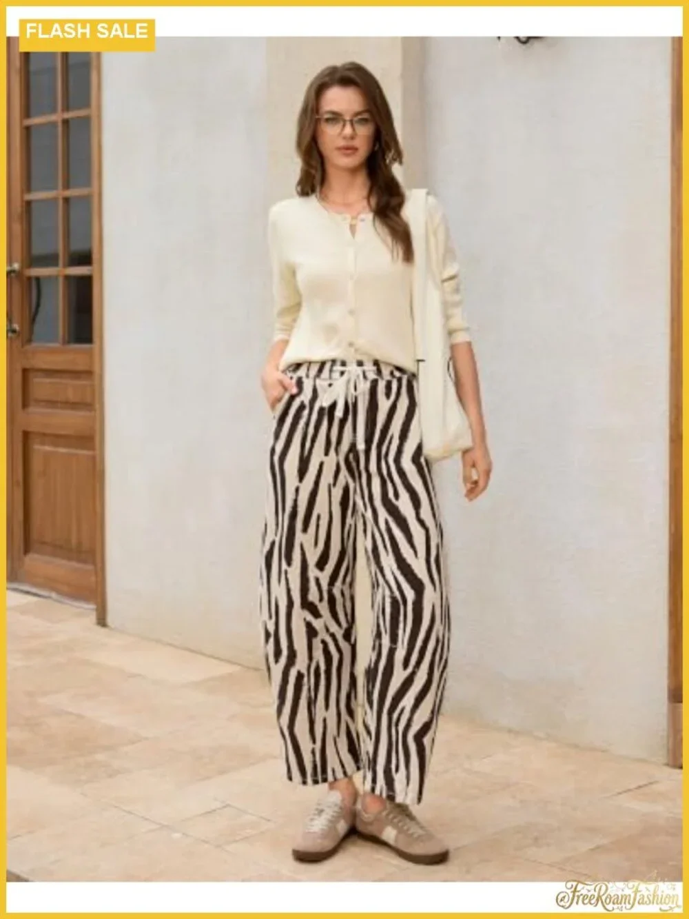 High Waisted Barrel Jeans Womens Wide Leg Baggy Zebra Print Stretch Denim Pull